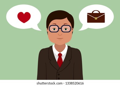 Businessman choose between career and love. Vector illustration.