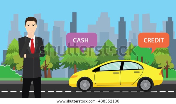 a businessman choose between cash or\
credit to buy his car vector graphic\
illustration