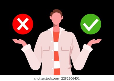 Businessman choose between yes or no answers in indecision pondering choice to make the right decision. Business decisions right or wrong, true or false, correct and incorrect, moral choosing option