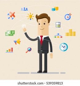 Businessman choose and press virtual icons. Set of office and business flat icons. Vector, illustration