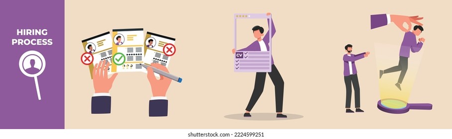 Businessman choose resume of best candidate for interview for open vacancy in office, Candidate take picture for CV and selection staff for dismissal. Hiring process concept. Flat vector illustration.