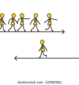 Businessman choose and walk on different direction from other, unique and different thinking concept. Simple character design. 