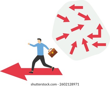 The businessman chooses the arrow the businessman wants from a bunch of arrows with complex directions

