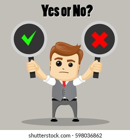 The businessman chooses between Yes and No. Undecided Businessman Making Decision.