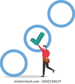 Businessman chooses check mark and puts it in the check box stock illustration


