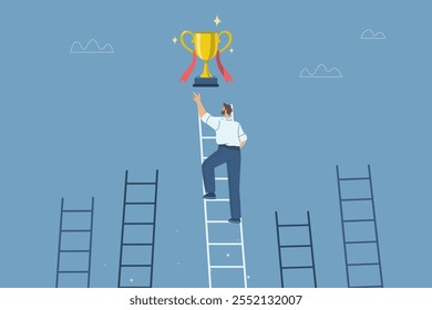 Businessman chooses to climb a high ladder and reach out to grab a trophy, Ladder to success, Inspiration and ambition to achieve success, Different creative idea concepts, Flat vector illustration.
