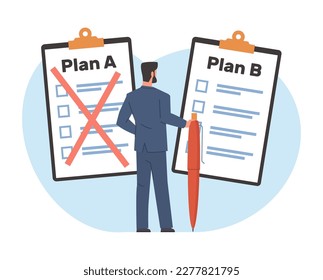 Businessman chooses new business strategy plan B. Alternative way to achieve goals. Change direction. Failure and success. Business development cartoon flat illustration. Vector concept