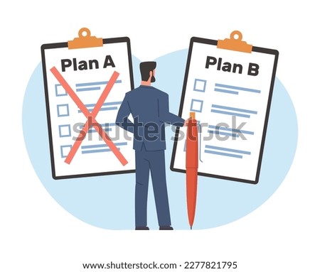 Businessman chooses new business strategy plan B. Alternative way to achieve goals. Change direction. Failure and success. Business development cartoon flat illustration. Vector concept