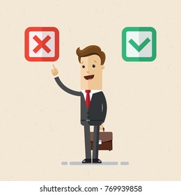 Businessman chooses "no" checkboxes. Selection, businessman and red box "no" . Vector, Illustration, Flat