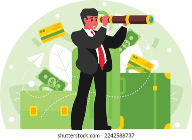 Businessman chooses a route for a trip. Background with suitcase and hand luggage. Man looking through a spyglass. Vector graphics