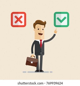Businessman chooses "yes" checkboxes. Selection, businessman and red box "yes" . Vector, Illustration, Flat