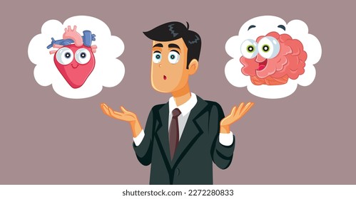 
Businessman Choosing Between Brain and Heart Symbols. Guy wondering what to choose between love and career 
