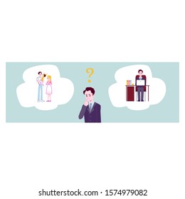 Businessman choosing between family responsibilities and career or professional success flat cartoon vector banner or template background. Life choice and balance concept.