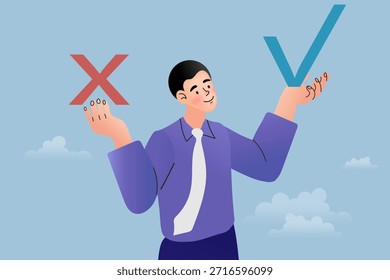 Hombre de negocios que elige entre las opciones correctas e incorrectas que sostienen la marca de verificación y los símbolos cruzados que representan la toma de decisiones éticas. Un concepto de encontrar la solución correcta y la elección estratégica.