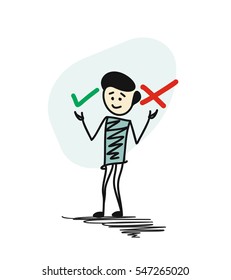 Businessman choosing between a right and a wrong direction. Cartoon sketch concept isolated vector illustration.