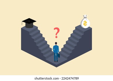 businessman choosing between two options Money and education. concept of opportunities, career advisor, choice.
