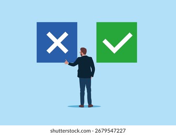 Hombre de negocios que elige el Botón NO. Elección, problema y concepto de decisión. Ilustración vectorial plana.