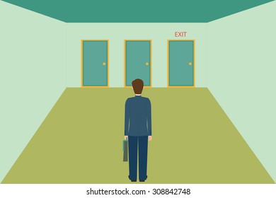 Businessman choosing the exit door, vector illustration.