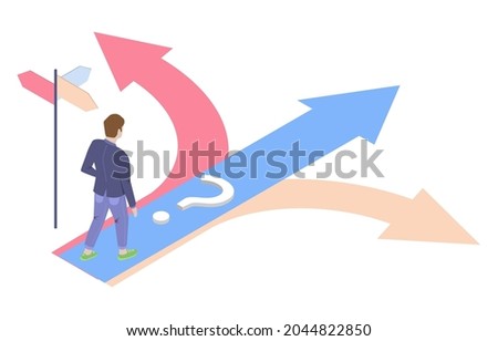 Businessman choosing path standing at crossroads, flat vector isometric illustration. Decision making, problem solving, business strategy, career path.
