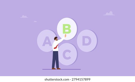 Businessman choosing plan b from plan a b c d as a option. Choose between four different choices, backup plan concept.