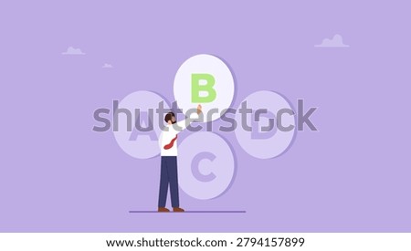 Businessman choosing plan b from plan a b c d as a option. Choose between four different choices, backup plan concept.