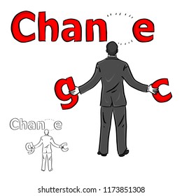 businessman choosing the red word between change and chance vector illustration sketch doodle hand drawn with black lines isolated on white background