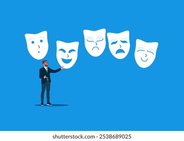 Businessman choosing the right mask to wear. Lies, fraud or defraud your business. Modern vector illustration in flat style