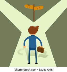 Businessman Choosing Unknown Path, Vector Illustration