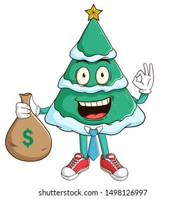 Businessman of christmas tree cartoon character holding a bag full of money with funny smile face