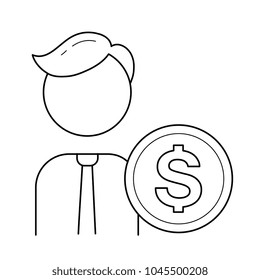 Businessman and circle coin vector line icon isolated on white background. Dollar circle coin and businessman in tie line icon for infographic, web, mobile or app. Business profit concept.