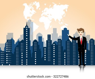 businessman with city landscape and map world