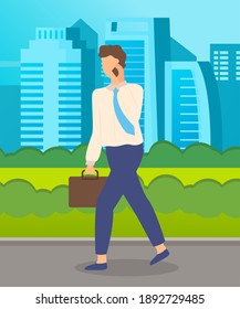 Businessman in city park. Man in business clothes talking on a mobile phone walking down the street. Male character holding briefcase in hand, he's going to work communicates with phone summer weather