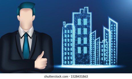 businessman, cityscape town building . Business concept. Vector Illustration on dark blue background