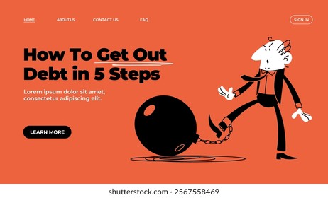 A businessman in a classic suit is tied to a load that symbolizes financial debt. Economic crisis, bankruptcy, loan payments. Vector doodle illustration. Landing page.