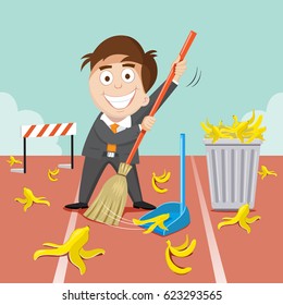 Businessman cleaning slip and fall on banana, vector illustration cartoon