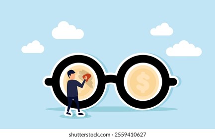 A businessman cleans glasses showing a dollar coin on the lenses with a cloth, illustration of maintaining a clear vision in viewing business profits