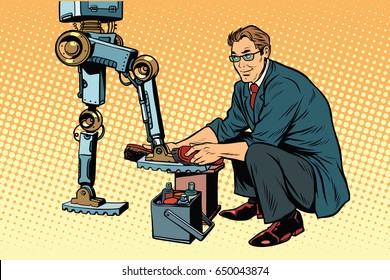 Businessman cleans shoes robot. Evolution and the technological revolution. Pop art retro vector illustration