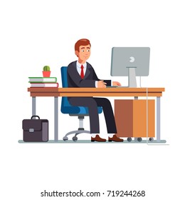 Businessman Or A Clerk, In A Black Jacket. Working On His Office Desk. Flat Style Vector Illustration Clipart.
