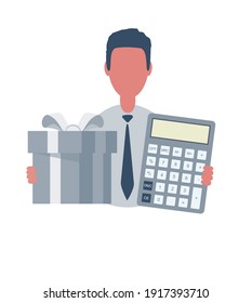 Businessman or clerk holding a calculator and a gift box. Male character in simple style with objects, flat vector illustration. Business concept. Isolated on white background.