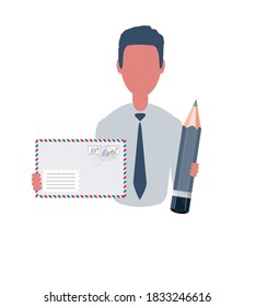 Businessman or clerk holding a envelope and a pencil. Male character in trendy simple style, flat vector illustration. Business concept. Isolated on white background.