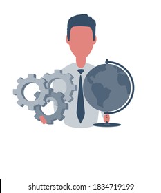 Businessman or clerk holding a globe and a gears. Male character in simple style, flat vector illustration. Business concept. Isolated on white background.