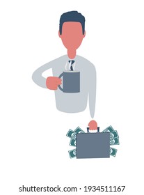 Businessman or clerk holding a suitcase with money and with a cup of tea. Male character in simple style with objects, flat vector illustration. Business concept. Isolated on white background.