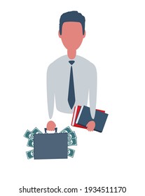 Businessman or clerk holding a suitcase with money and a winner certificate. Male character in simple style with objects, flat vector illustration. Business concept. Isolated on white background.