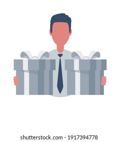 Businessman or clerk holding two gift box. Male character in simple style with objects, flat vector illustration. Business concept. Isolated on white background.