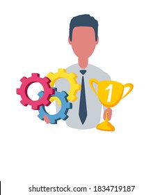 Businessman or clerk holding a winner cup and a gears. Male character in simple style, flat vector illustration. Business concept. Isolated on white background.