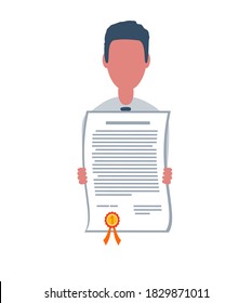 Businessman or clerk holds a certificate. Male character in trendy simple style with objects, flat vector illustration. Business concept. Isolated on white background.