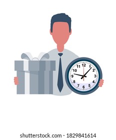 Businessman or clerk holds a watch and a gift. Male character in trendy simple style with objects, flat vector illustration. Business concept. Isolated on white background.