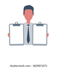 Businessman or clerk keeps blank sheets. Male character in trendy simple style with objects, flat vector illustration. Business concept. Isolated on white background.