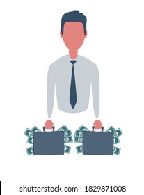Businessman or clerk keeps a case full of money. Male character in trendy simple style with objects, flat vector illustration. Business concept. Isolated on white background.