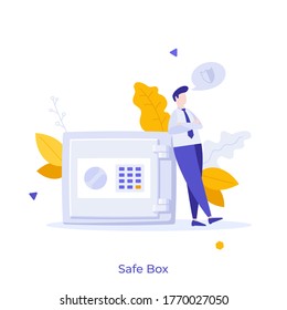 Businessman or clerk leaning on safe box with electronic lock. Concept of secure money storage, safety of bank account, deposit protection, banking services. Modern flat colorful vector illustration.